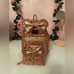 BUNDLE: Minnie Mouse Sequin Loungefly Mini Backbag and Wallet- Rose Gold
